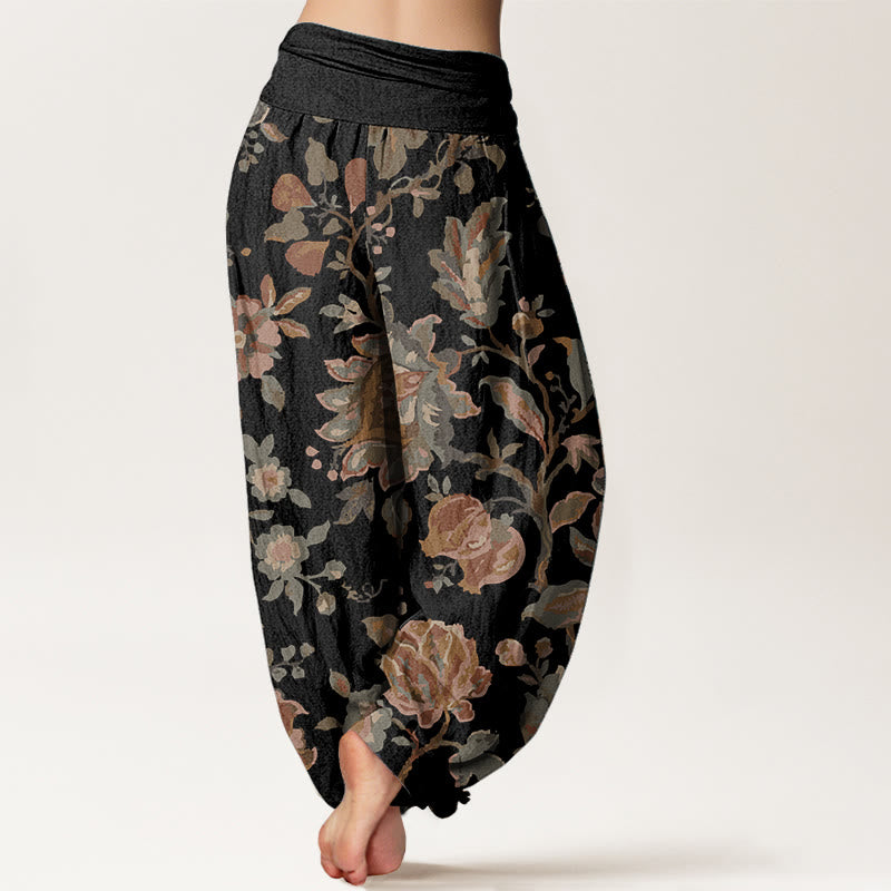 Buddha Stones Pure Cotton Casual Blooming Flowers Buds Design Women's Elastic Waist Harem Pants - image 1
