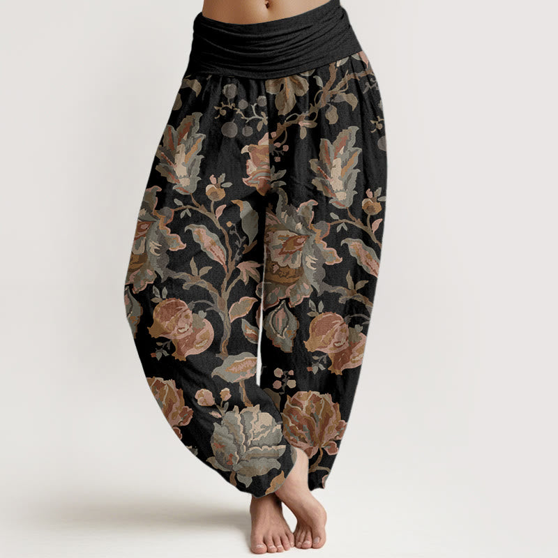 Buddha Stones Pure Cotton Casual Blooming Flowers Buds Design Women's Elastic Waist Harem Pants - Black - US22，UK/AU26，EU54 (6XL) - image 0