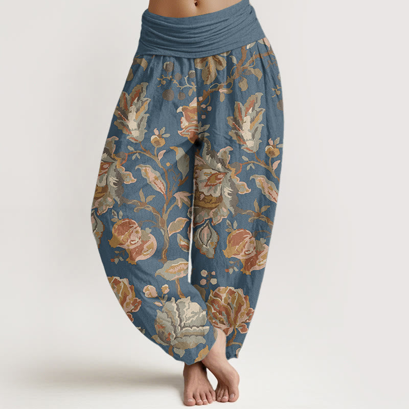 Buddha Stones Pure Cotton Casual Blooming Flowers Buds Design Women's Elastic Waist Harem Pants