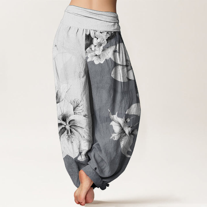 Buddha Stones Pure Cotton Camellia Pattern Women's Elastic Waist Harem Pants