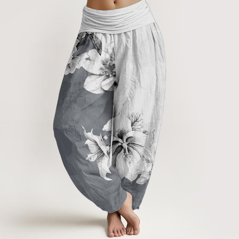Buddha Stones Pure Cotton Camellia Pattern Women's Elastic Waist Harem Pants