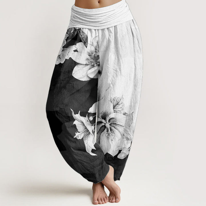 Buddha Stones Pure Cotton Camellia Pattern Women's Elastic Waist Harem Pants