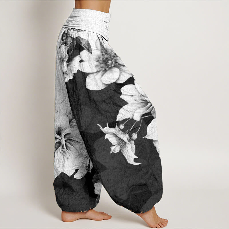Buddha Stones Pure Cotton Camellia Pattern Women's Elastic Waist Harem Pants