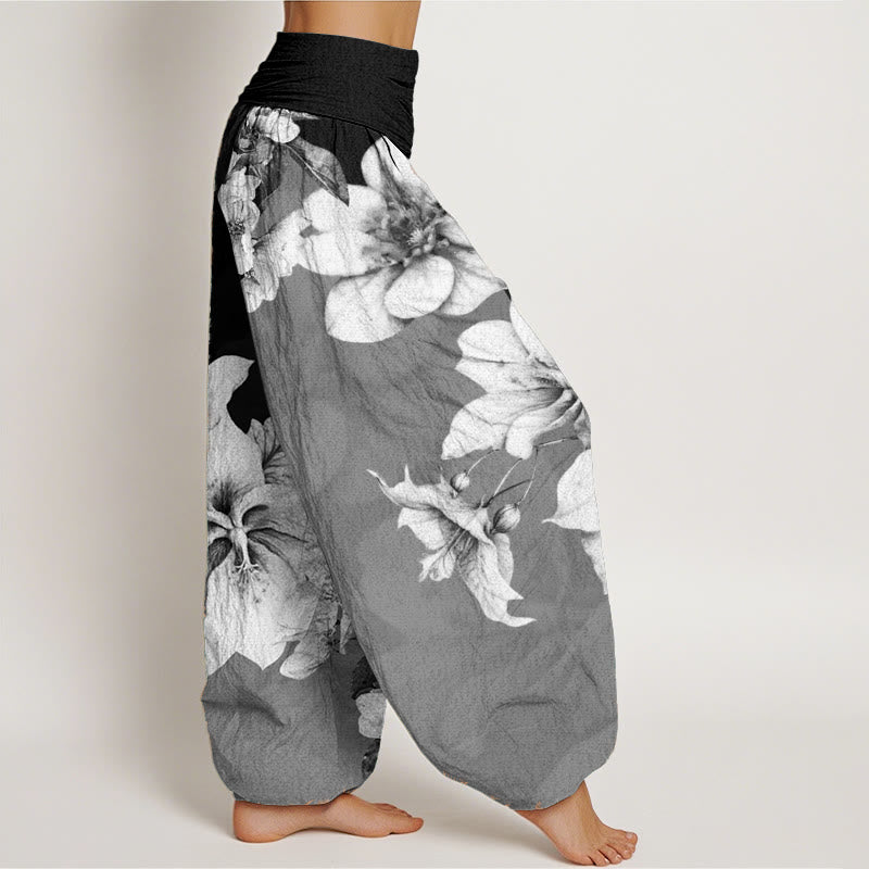 Buddha Stones Pure Cotton Camellia Pattern Women's Elastic Waist Harem Pants