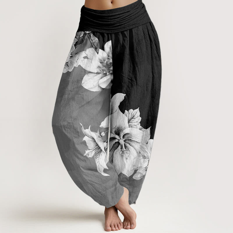 Buddha Stones Pure Cotton Camellia Pattern Women's Elastic Waist Harem Pants