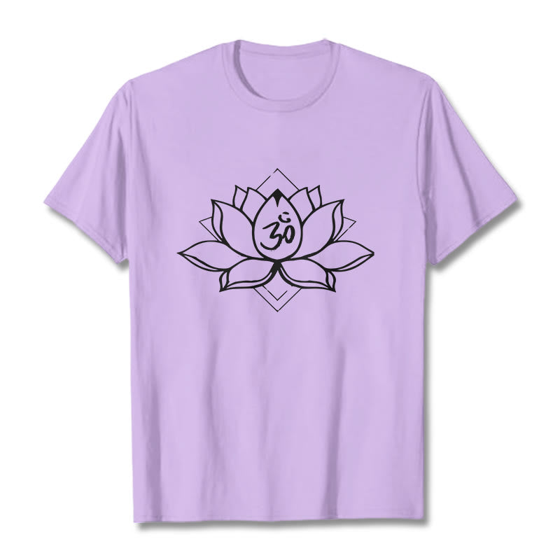 Buddha Stones Blooming Lotus Om Sanskrit Pattern Cotton Tee T-shirt