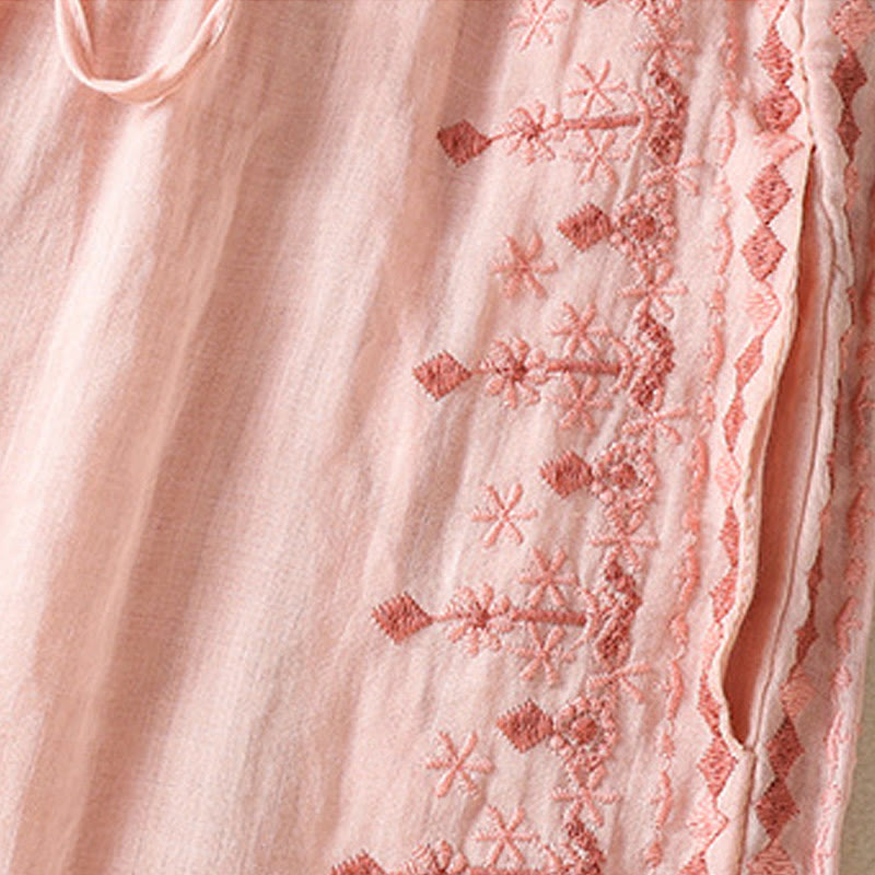 Buddha Stones Ethnic Embroidery Drawstring Cotton Linen Women's High Waist Wide Leg Pants With Pockets - image 11