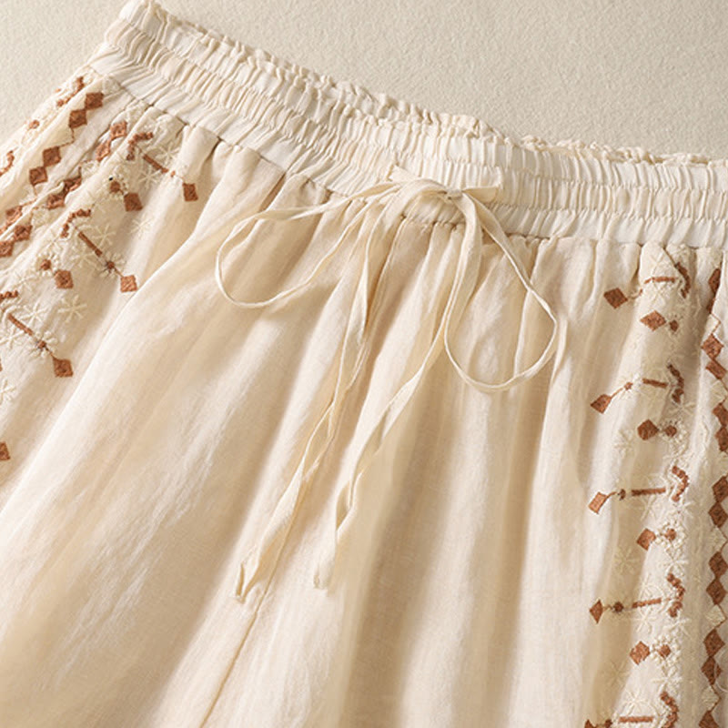 Buddha Stones Ethnic Embroidery Drawstring Cotton Linen Women's High Waist Wide Leg Pants With Pockets - image 2