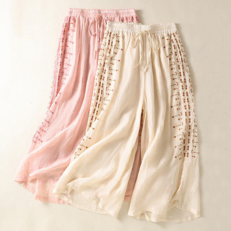 Buddha Stones Ethnic Embroidery Drawstring Cotton Linen Women's High Waist Wide Leg Pants With Pockets - image 14