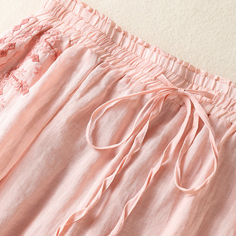 Buddha Stones Ethnic Embroidery Drawstring Cotton Linen Women's High Waist Wide Leg Pants With Pockets - image 8