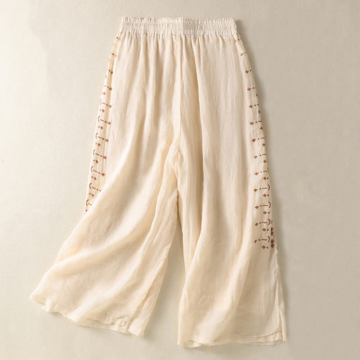 Buddha Stones Ethnic Embroidery Drawstring Cotton Linen Women's High Waist Wide Leg Pants With Pockets - LemonChiffon - US8-10，UK/AU12-14，EU40-42 (2XL) - image 0