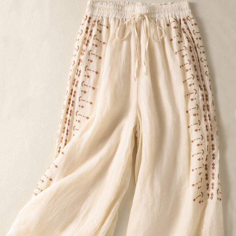 Buddha Stones Ethnic Embroidery Drawstring Cotton Linen Women's High Waist Wide Leg Pants With Pockets - image 1
