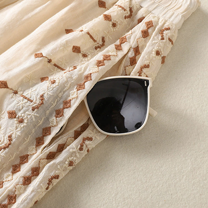 Buddha Stones Ethnic Embroidery Drawstring Cotton Linen Women's High Waist Wide Leg Pants With Pockets - image 4