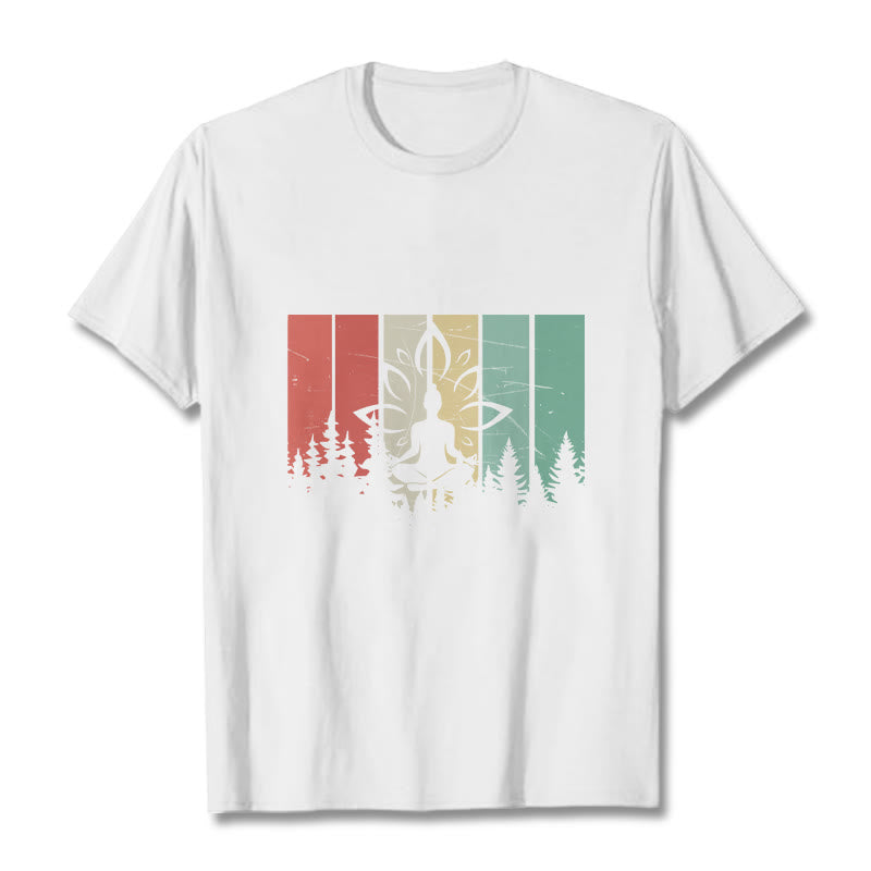 Buddha Stones Buddha Statue Meditating In Lotus Position Shadow Pattern Cotton Tee T-shirt - White - 2XL - image 5