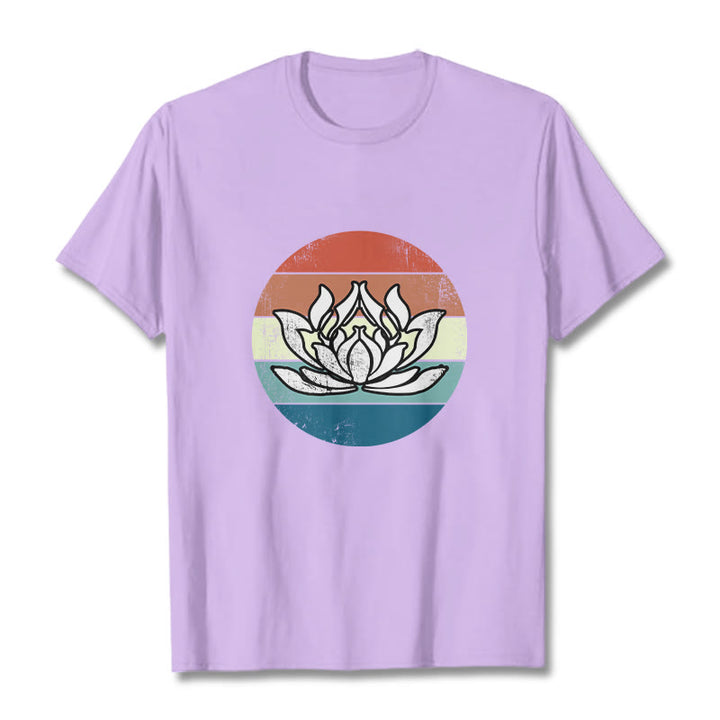 Buddha Stones Blooming Lotus Colorful Striped Pattern Cotton Tee T-shirt - Plum - 2XL - image 17