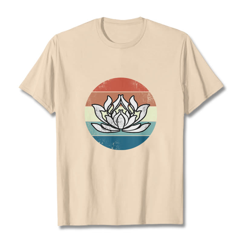 Buddha Stones Blooming Lotus Colorful Striped Pattern Cotton Tee T-shirt - Bisque - 2XL - image 9
