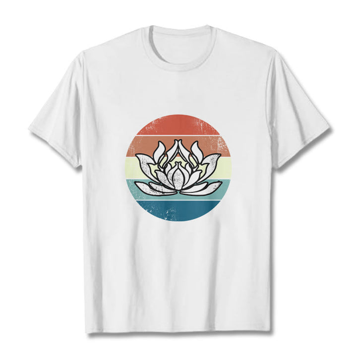 Buddha Stones Blooming Lotus Colorful Striped Pattern Cotton Tee T-shirt - White - 2XL - image 6