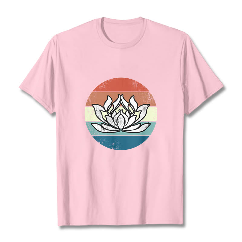 Buddha Stones Blooming Lotus Colorful Striped Pattern Cotton Tee T-shirt - LightPink - 2XL - image 13