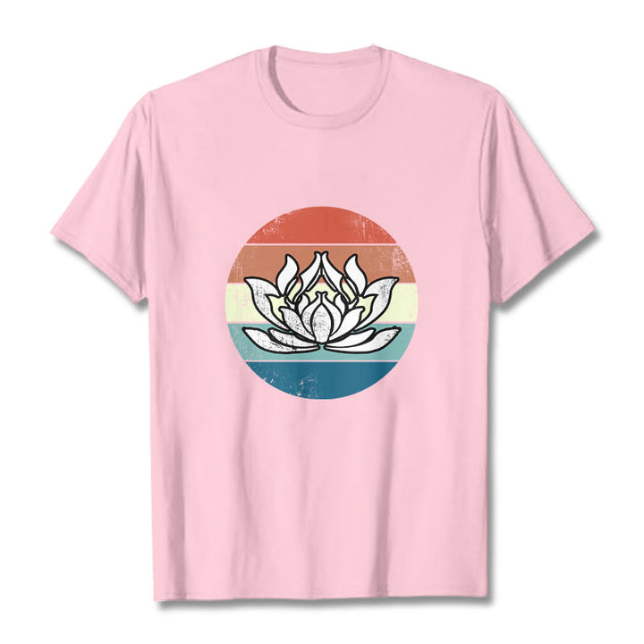 Buddha Stones Blooming Lotus Colorful Striped Pattern Cotton Tee T-shirt - LightPink - 2XL - image 13