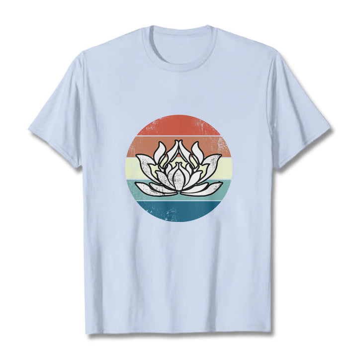 Buddha Stones Blooming Lotus Colorful Striped Pattern Cotton Tee T-shirt - LightCyan - 2XL - image 19