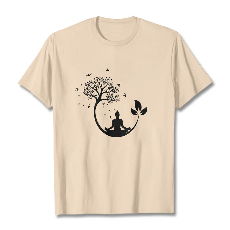 Buddha Stones Buddha Meditating In A Tree Pattern Cotton Tee T-shirt