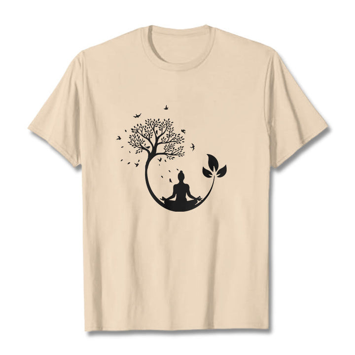 Buddha Stones Buddha Meditating In A Tree Pattern Cotton Tee T-shirt