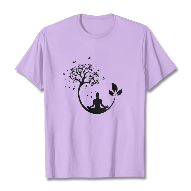 Buddha Stones Buddha Meditating In A Tree Pattern Cotton Tee T-shirt
