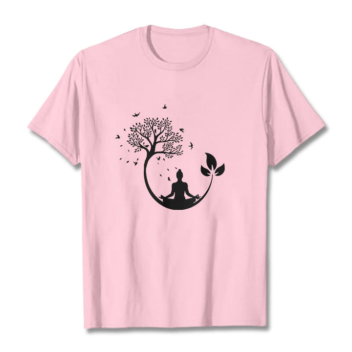 Buddha Stones Buddha Meditating In A Tree Pattern Cotton Tee T-shirt