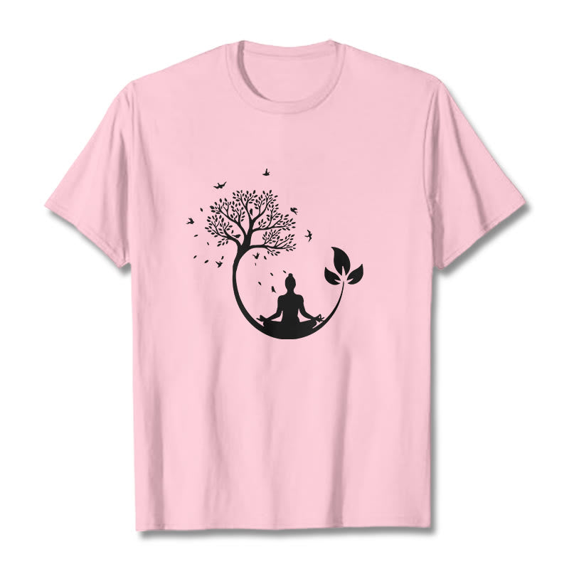 Buddha Stones Buddha Meditating In A Tree Pattern Cotton Tee T-shirt - LightPink - 2XL - image 13