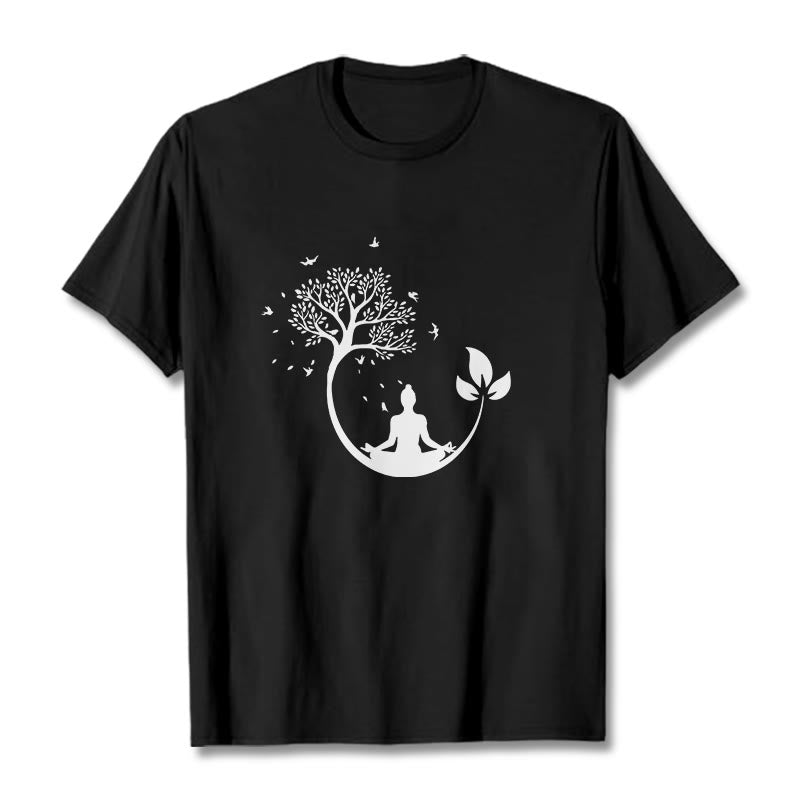 Buddha Stones Buddha Meditating In A Tree Pattern Cotton Tee T-shirt