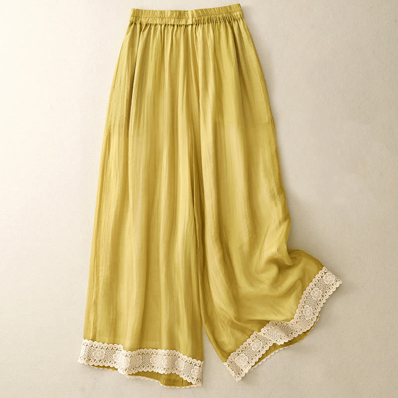 Buddha Stones Spring Vintage Casual Solid Color Lace Patchwork Cuff Women's Cotton Linen Wide Leg Pants With Pockets - Gold - US8-10，UK/AU12-14，EU40-42 (2XL) - image 0