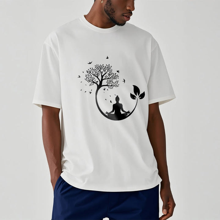 Buddha Stones Buddha Meditating In A Tree Pattern Cotton Tee T-shirt