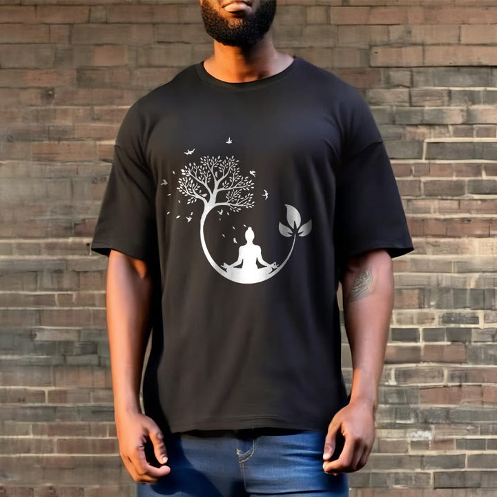 Buddha Stones Buddha Meditating In A Tree Pattern Cotton Tee T-shirt