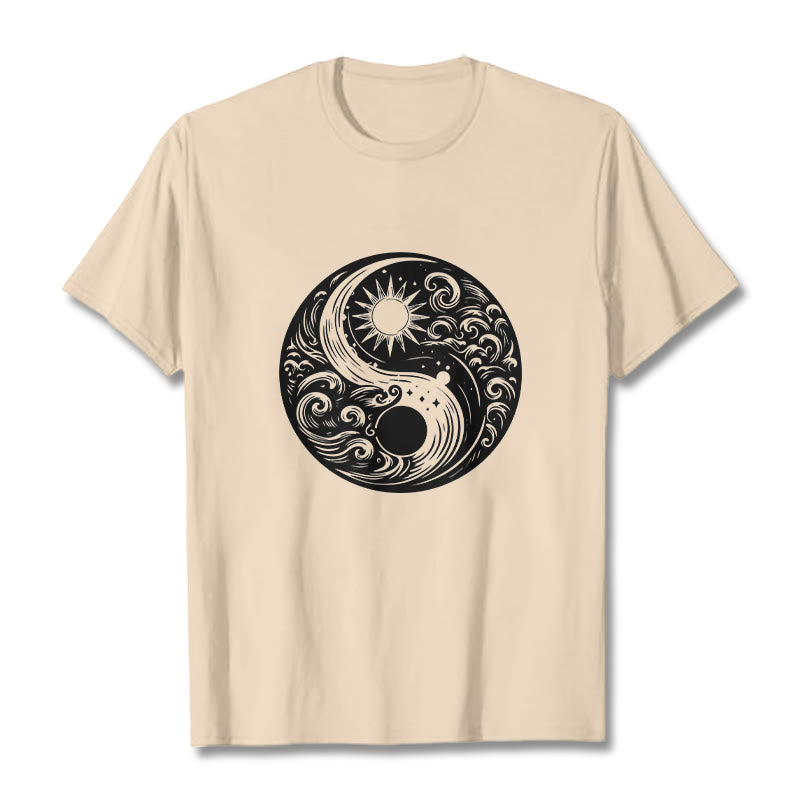 Buddha Stones Sun Moon Waves Yin Yang Pattern Cotton Tee T-shirt
