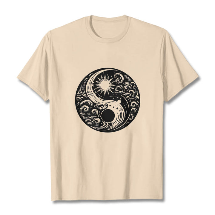Buddha Stones Sun Moon Waves Yin Yang Pattern Cotton Tee T-shirt