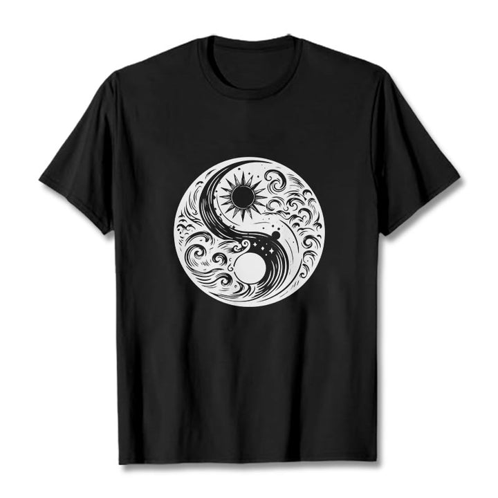 Buddha Stones Sun Moon Waves Yin Yang Pattern Cotton Tee T-shirt