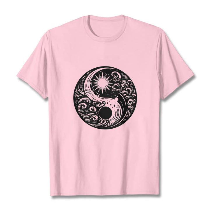 Buddha Stones Sun Moon Waves Yin Yang Pattern Cotton Tee T-shirt