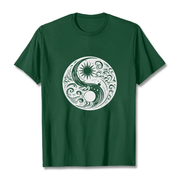 Buddha Stones Sun Moon Waves Yin Yang Pattern Cotton Tee T-shirt