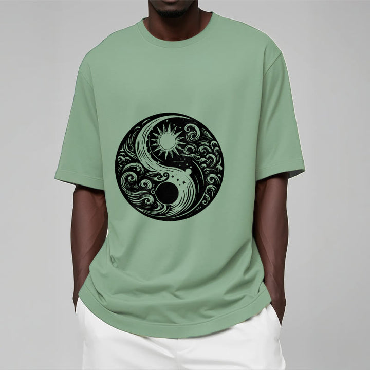 Buddha Stones Sun Moon Waves Yin Yang Pattern Cotton Tee T-shirt