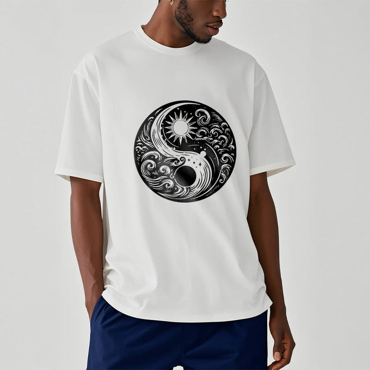 Buddha Stones Sun Moon Waves Yin Yang Pattern Cotton Tee T-shirt