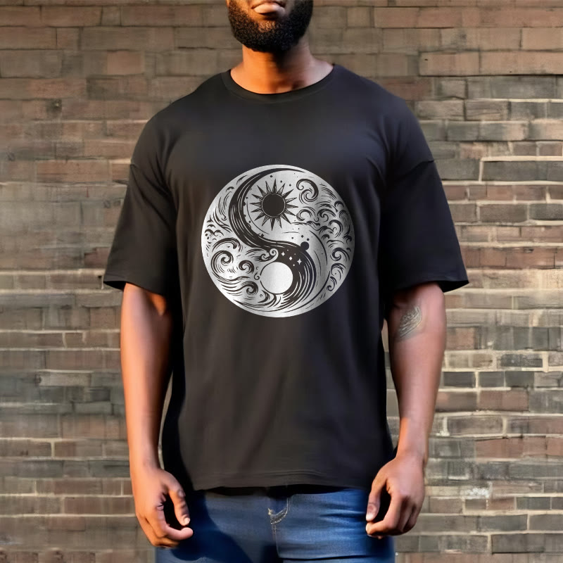 Buddha Stones Sun Moon Waves Yin Yang Pattern Cotton Tee T-shirt