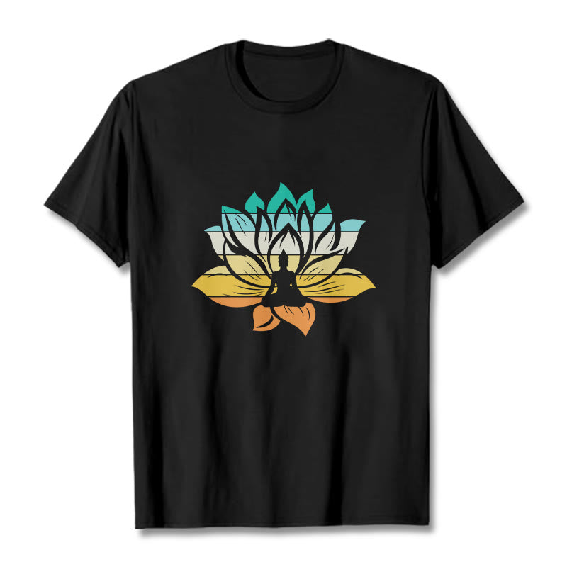 Buddha Stones Gradient-colored Lotus Flower Buddha Meditation Cotton Tee T-shirt - Black - 2XL - image 1