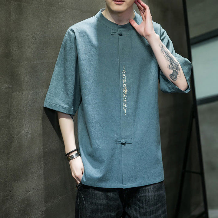 Buddha Stones Casual Solid Color Frog-Button Embroidery Men's Cotton Linen Shirt Cardigan - image 5