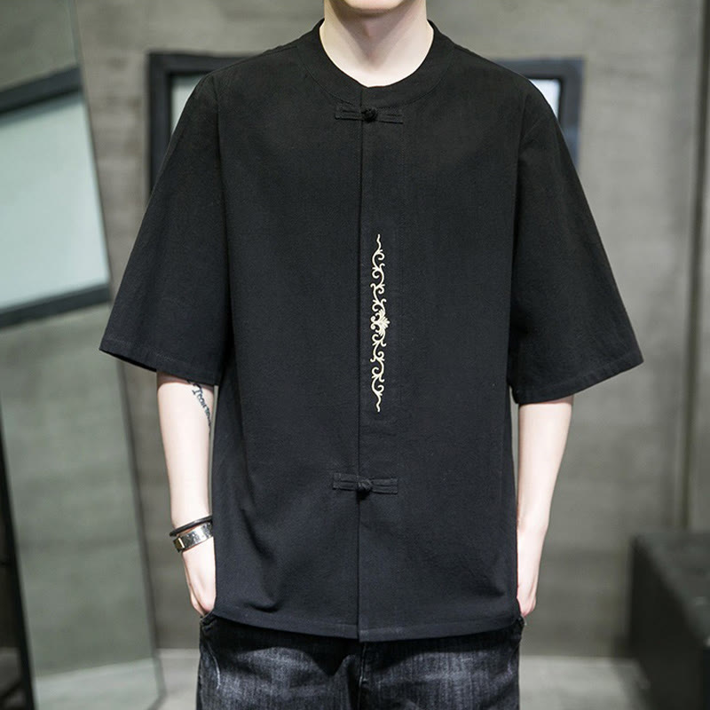 Buddha Stones Casual Solid Color Frog-Button Embroidery Men's Cotton Linen Shirt Cardigan - Black - US/UK/AU46，EU56 (5XL) - image 17