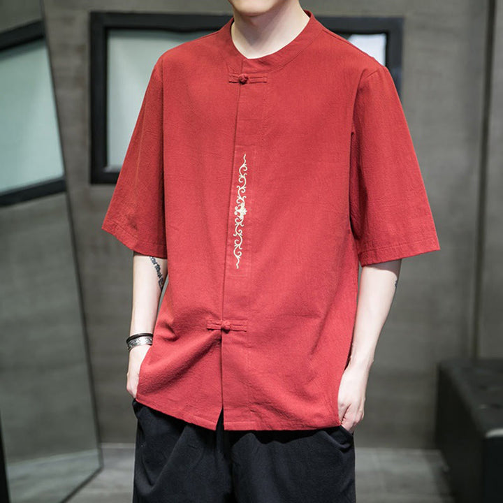 Buddha Stones Casual Solid Color Frog-Button Embroidery Men's Cotton Linen Shirt Cardigan - image 13