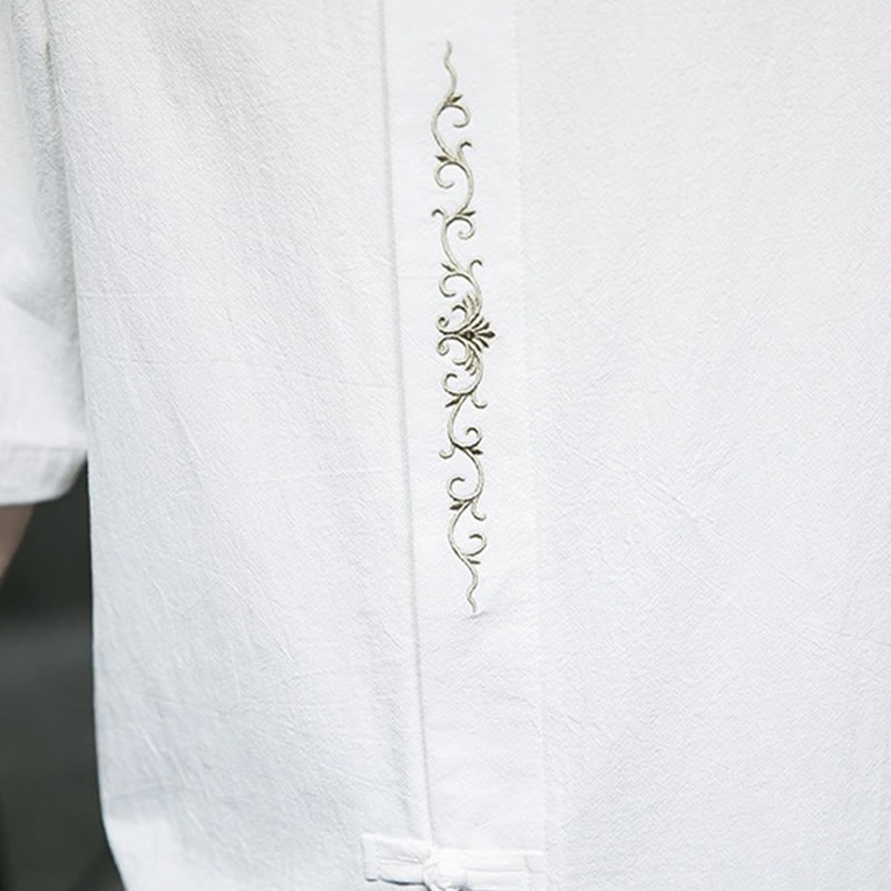 Buddha Stones Casual Solid Color Frog-Button Embroidery Men's Cotton Linen Shirt - image 31