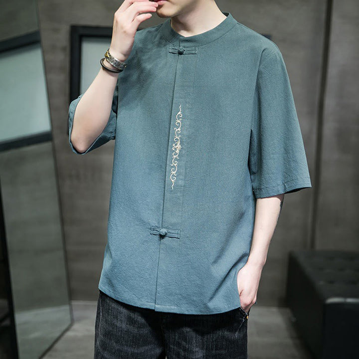 Buddha Stones Casual Solid Color Frog-Button Embroidery Men's Cotton Linen Shirt Cardigan - image 4