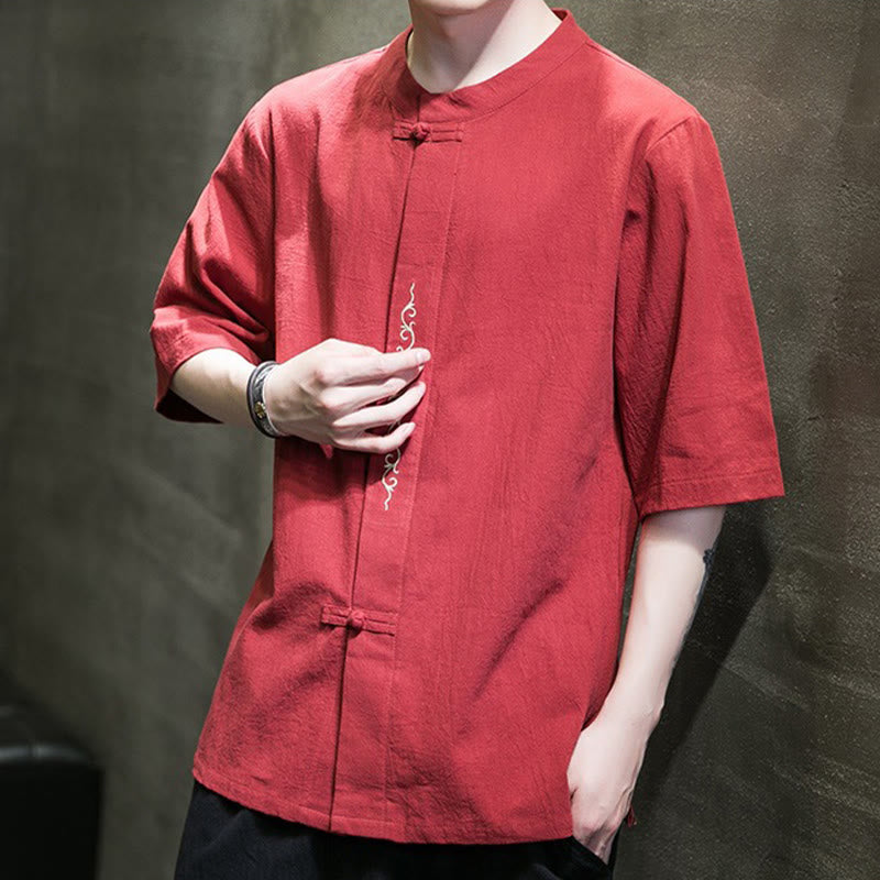 Buddha Stones Casual Solid Color Frog-Button Embroidery Men's Cotton Linen Shirt Cardigan - image 14