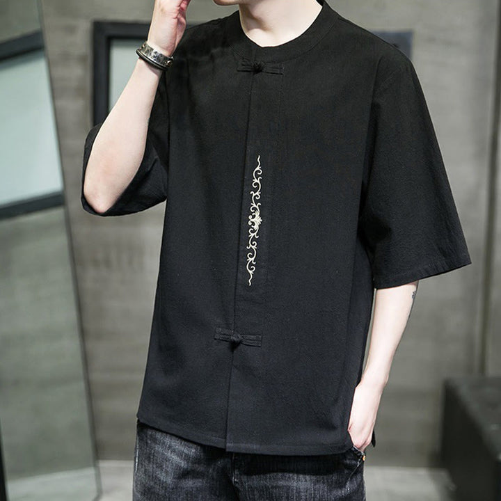 Buddha Stones Casual Solid Color Frog-Button Embroidery Men's Cotton Linen Shirt Cardigan - image 18