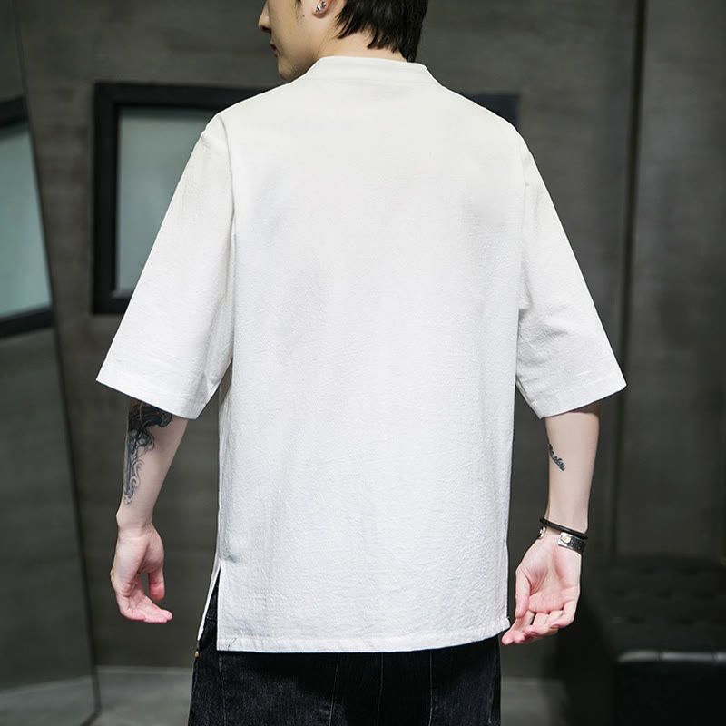 Buddha Stones Casual Solid Color Frog-Button Embroidery Men's Cotton Linen Shirt Cardigan - image 26